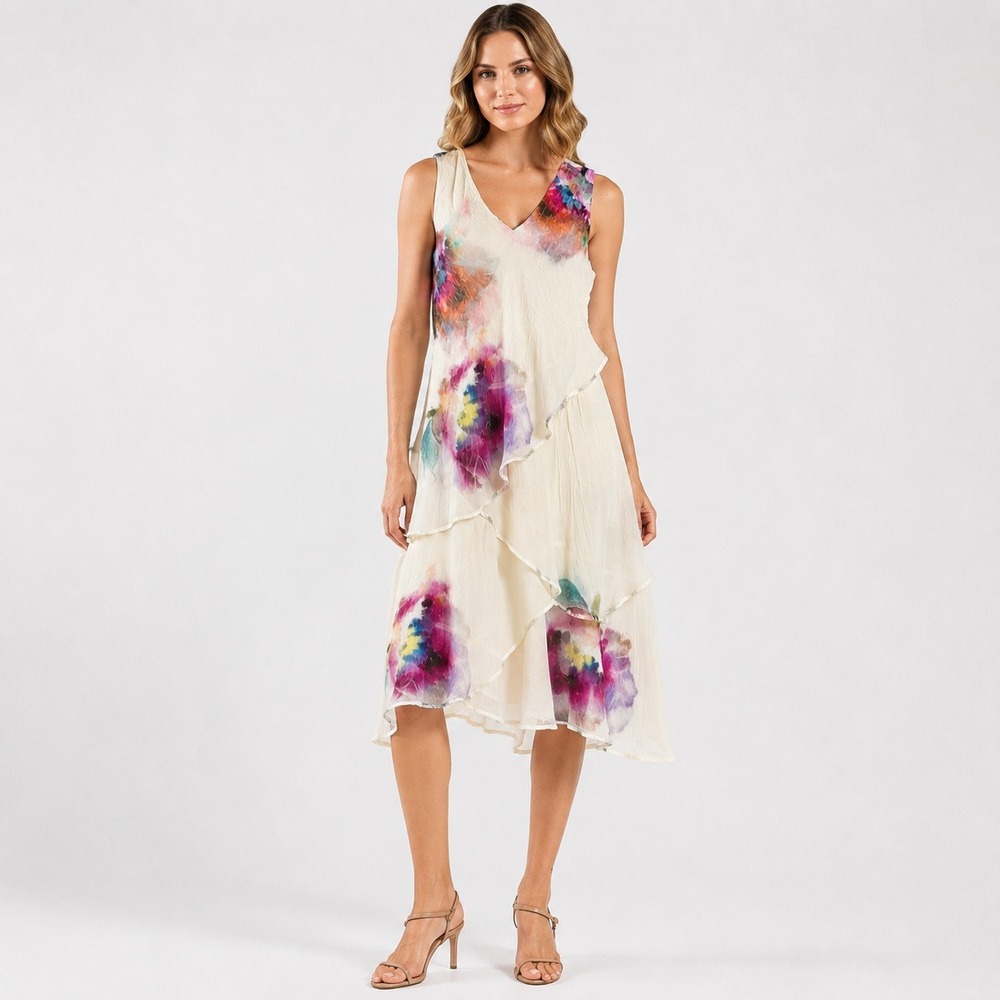 NEW KOMAROV Watercolor Floral V-Neck Layered Chiffon Dress Island Dawn Small